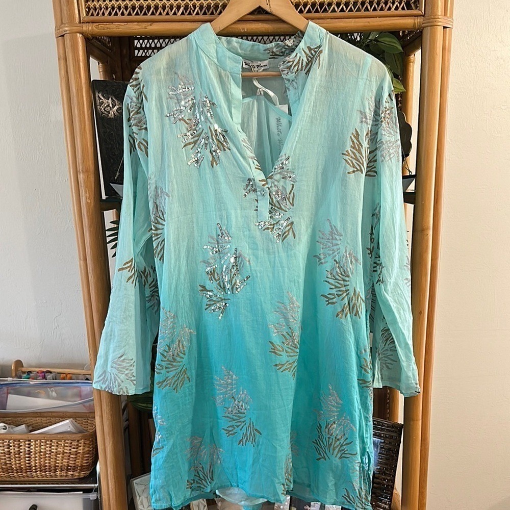 WHITE WAVES HANDMADE Ombré Aqua Tunic with Silver Bronze Coral Design
